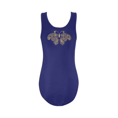 Golden Butterflies on Blue Vest One Piece Swimsuit (Model S04)