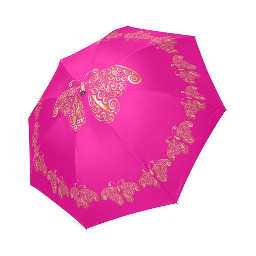 Golden Butterflies on Pink Foldable Umbrella (Model U01)