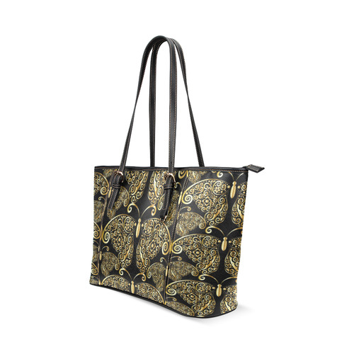 Golden Butterflies on Black Leather Tote Bag/Small (Model 1640)