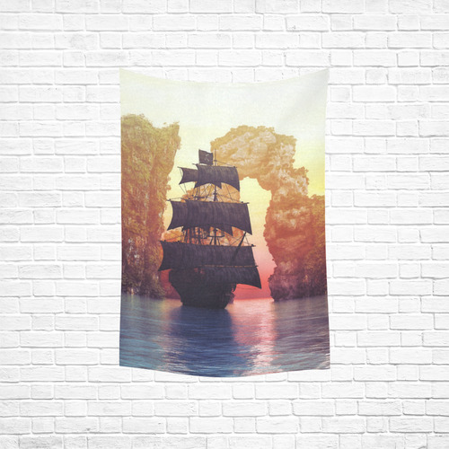 A pirate ship off an island at a sunset Cotton Linen Wall Tapestry 40"x 60"