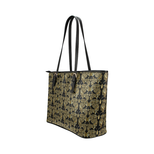 Golden Butterflies on Black Leather Tote Bag/Large (Model 1651)