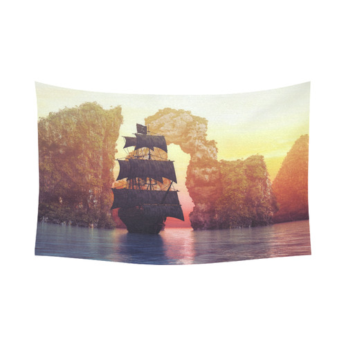 A pirate ship off an island at a sunset Cotton Linen Wall Tapestry 90"x 60"