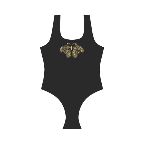 Golden Butterflies on Black Vest One Piece Swimsuit (Model S04)