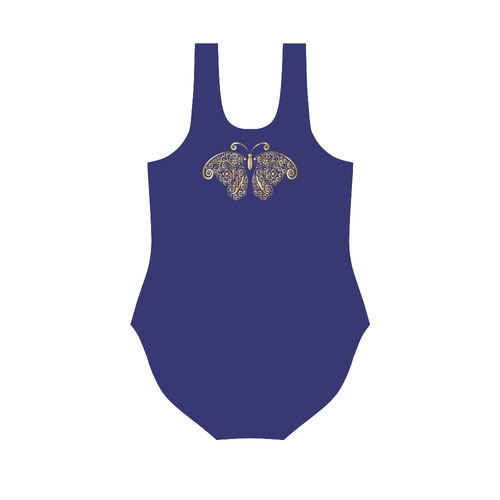 Golden Butterflies on Blue Vest One Piece Swimsuit (Model S04)