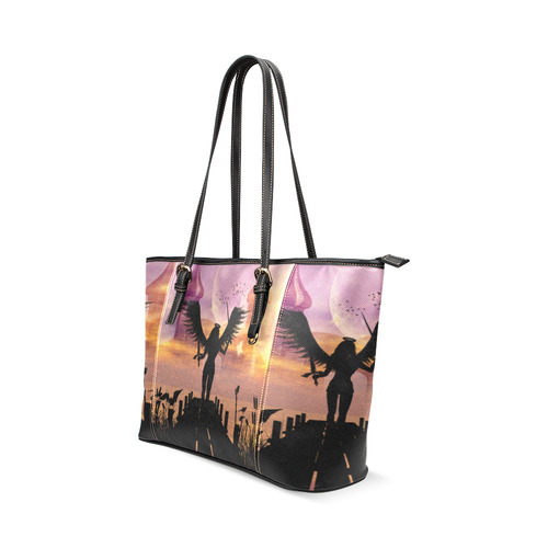 Angel on a jetty in the sunset Leather Tote Bag/Small (Model 1640)