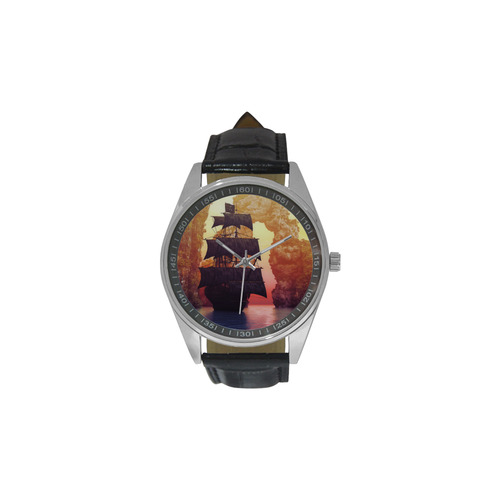 A pirate ship off an island at a sunset Men's Casual Leather Strap Watch(Model 211)