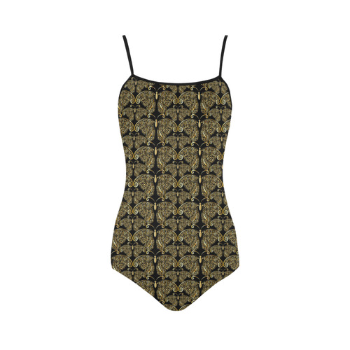 Golden Butterflies on Black Strap Swimsuit ( Model S05)