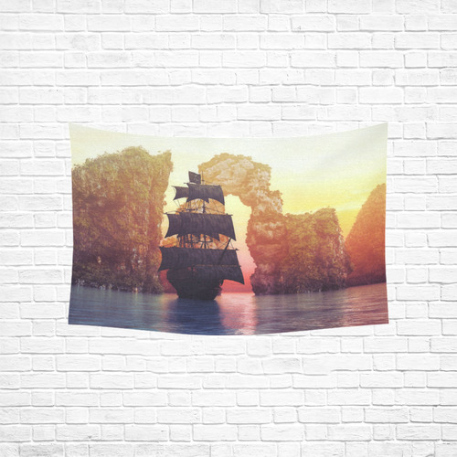 A pirate ship off an island at a sunset Cotton Linen Wall Tapestry 60"x 40"