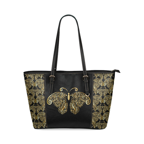Golden Butterflies on Black Leather Tote Bag/Large (Model 1640)