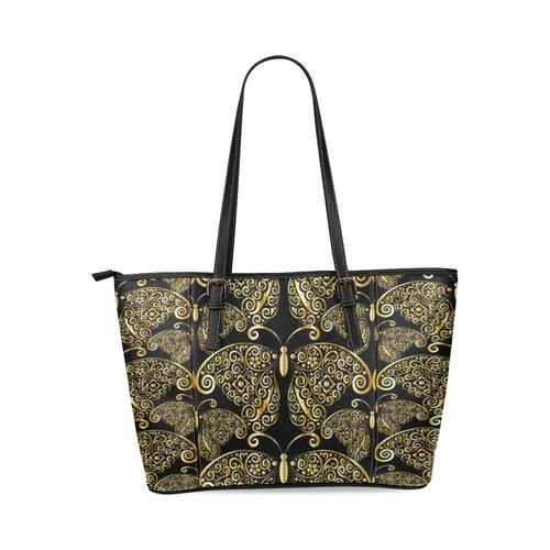 Golden Butterflies on Black Leather Tote Bag/Small (Model 1640)