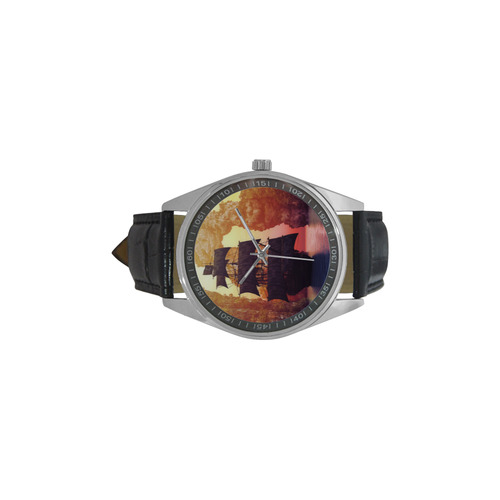 A pirate ship off an island at a sunset Men's Casual Leather Strap Watch(Model 211)