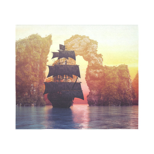 A pirate ship off an island at a sunset Cotton Linen Wall Tapestry 60"x 51"