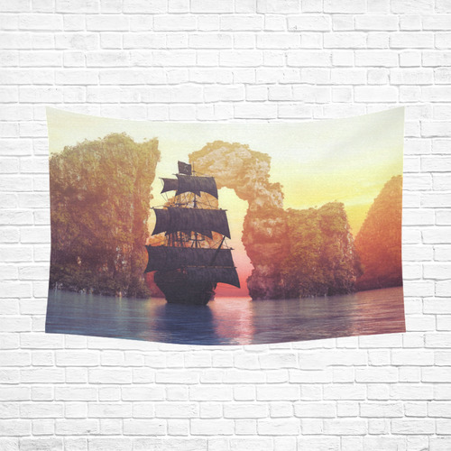 A pirate ship off an island at a sunset Cotton Linen Wall Tapestry 90"x 60"