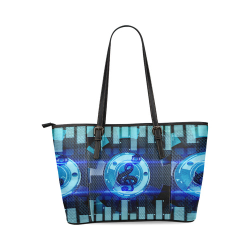 Music, clef in blue mechanical design Leather Tote Bag/Small (Model 1640)