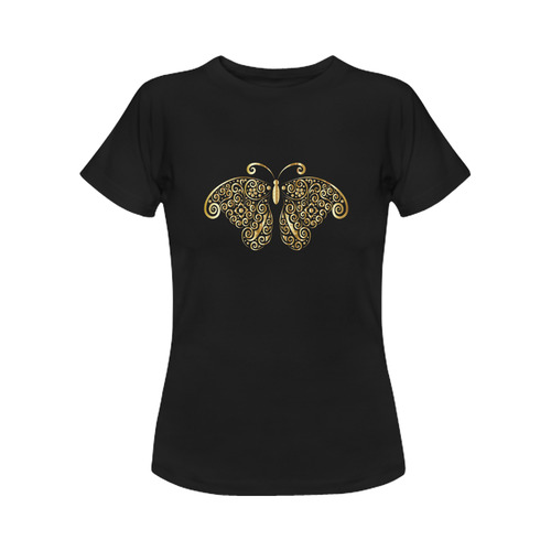 Golden Butterfly on Black Women's Classic T-Shirt (Model T17）