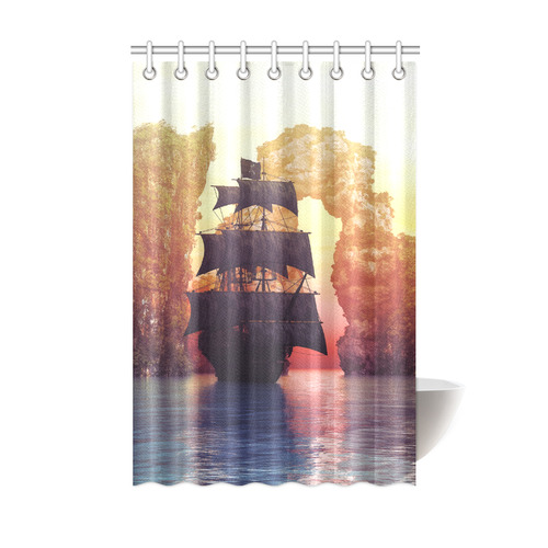A pirate ship off an island at a sunset Shower Curtain 48"x72"