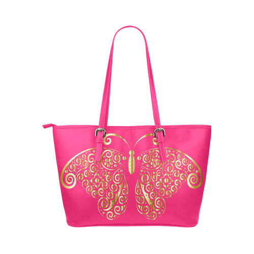 Golden Butterfly on Pink Leather Tote Bag/Small (Model 1651)