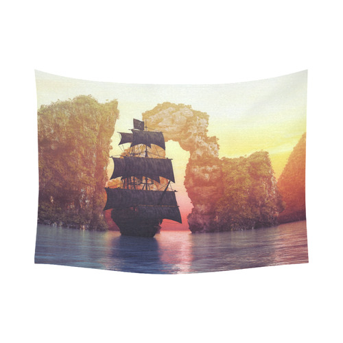 A pirate ship off an island at a sunset Cotton Linen Wall Tapestry 80"x 60"