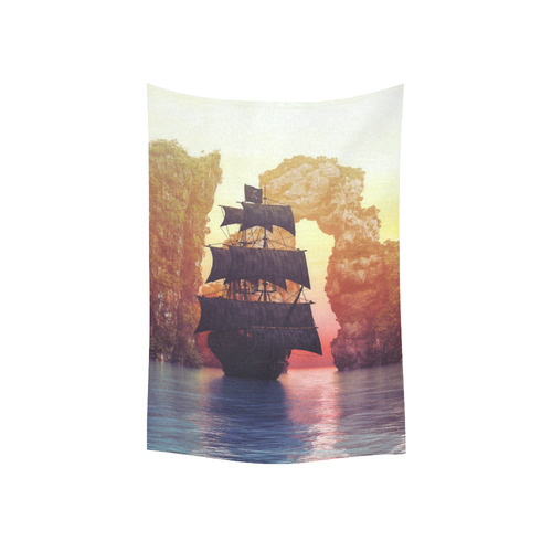 A pirate ship off an island at a sunset Cotton Linen Wall Tapestry 40"x 60"