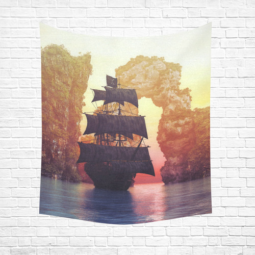 A pirate ship off an island at a sunset Cotton Linen Wall Tapestry 51"x 60"