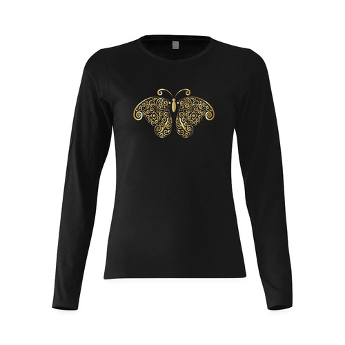 Golden Butterfly on Black Sunny Women's T-shirt (long-sleeve) (Model T07)