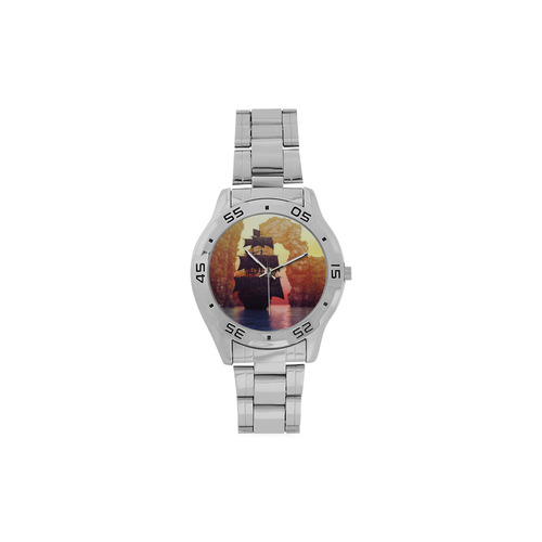 A pirate ship off an island at a sunset Men's Stainless Steel Analog Watch(Model 108)