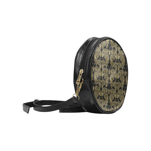 Golden Butterflies on Black Round Sling Bag (Model 1647)