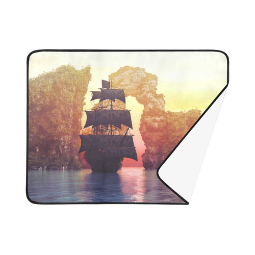 A pirate ship off an island at a sunset Beach Mat 78"x 60"