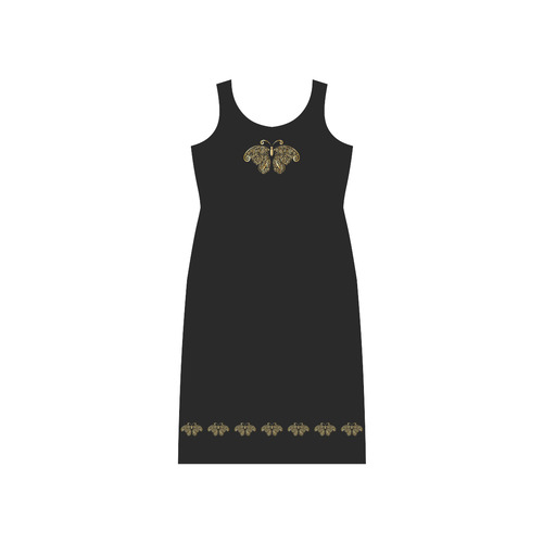 Golden Butterflies on Black Phaedra Sleeveless Open Fork Long Dress (Model D08)