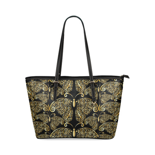 Golden Butterflies on Black Leather Tote Bag/Small (Model 1640)