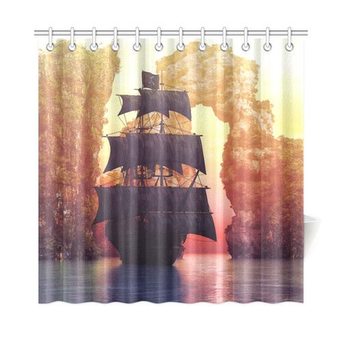 A pirate ship off an island at a sunset Shower Curtain 72"x72"