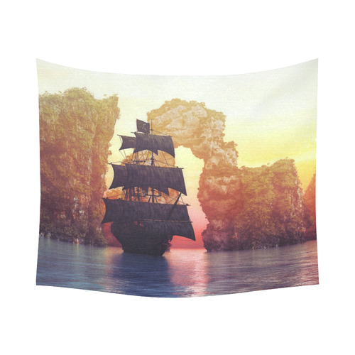 A pirate ship off an island at a sunset Cotton Linen Wall Tapestry 60"x 51"