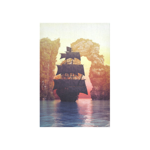 A pirate ship off an island at a sunset Cotton Linen Wall Tapestry 40"x 60"