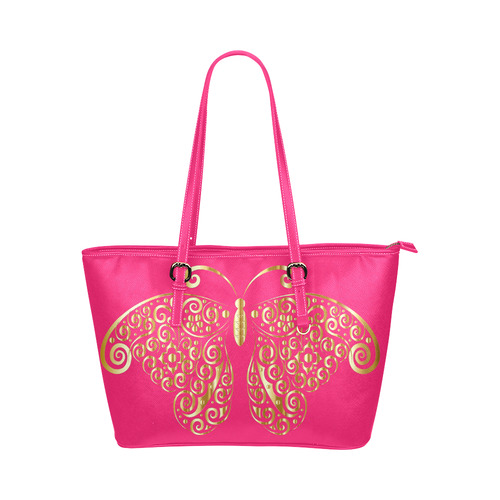 Golden Butterfly on Pink Leather Tote Bag/Small (Model 1651)