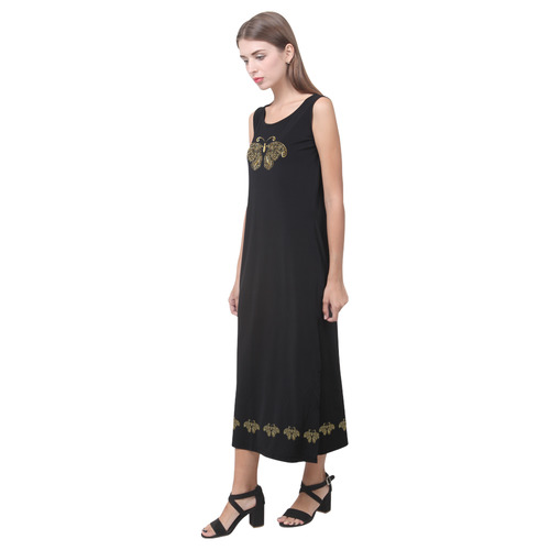 Golden Butterflies on Black Phaedra Sleeveless Open Fork Long Dress (Model D08)