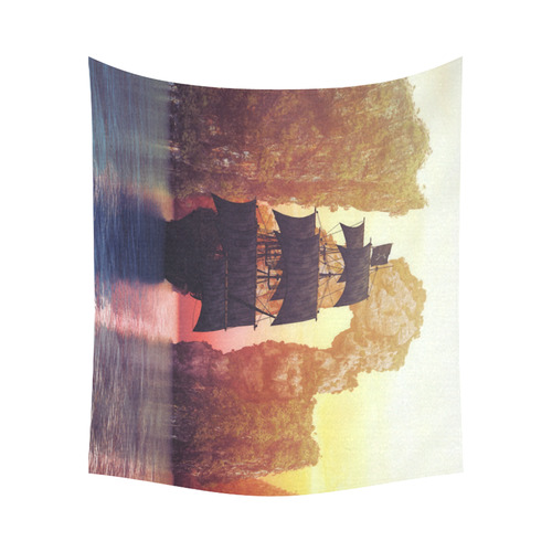 A pirate ship off an island at a sunset Cotton Linen Wall Tapestry 60"x 51"