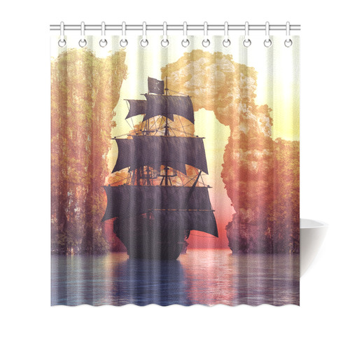 A pirate ship off an island at a sunset Shower Curtain 66"x72"