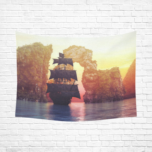 A pirate ship off an island at a sunset Cotton Linen Wall Tapestry 80"x 60"