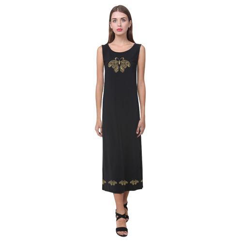 Golden Butterflies on Black Phaedra Sleeveless Open Fork Long Dress (Model D08)