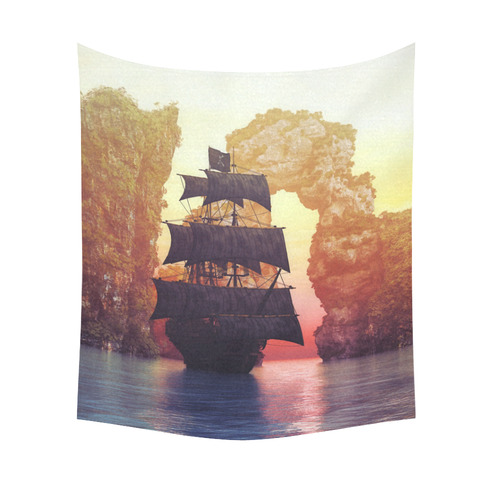 A pirate ship off an island at a sunset Cotton Linen Wall Tapestry 51"x 60"