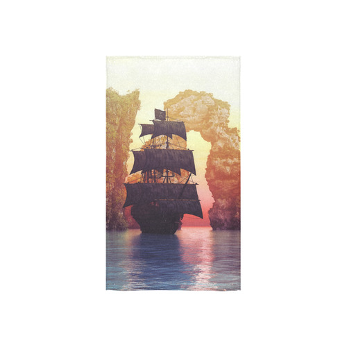 A pirate ship off an island at a sunset Custom Towel 16"x28"