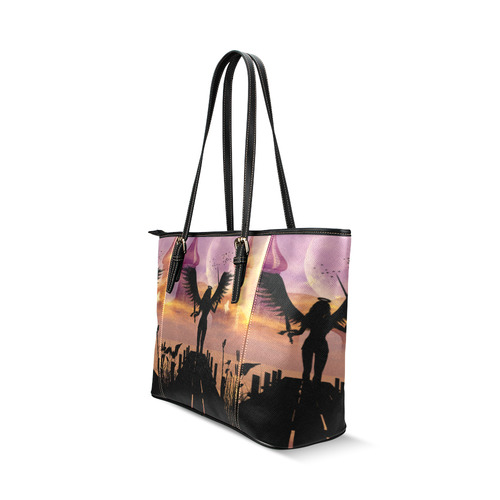 Angel on a jetty in the sunset Leather Tote Bag/Small (Model 1640)