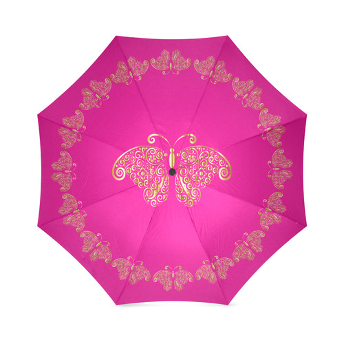 Golden Butterflies on Pink Foldable Umbrella (Model U01)