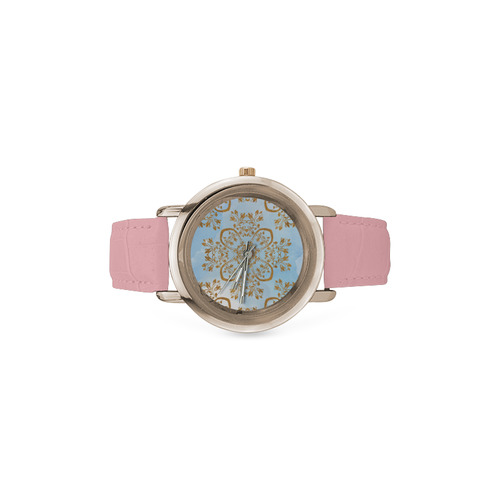 Gold and blue flourish ornament mandala Women's Rose Gold Leather Strap Watch(Model 201)