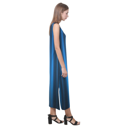 Brillant Blue Black Vertical Stripes Phaedra Sleeveless Open Fork Long Dress (Model D08)