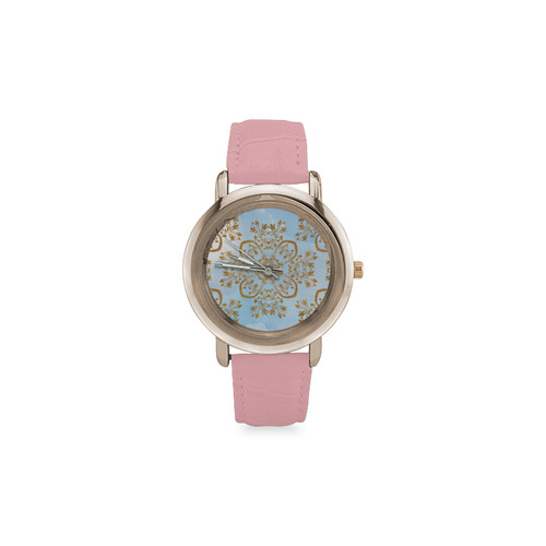 Gold and blue flourish ornament mandala Women's Rose Gold Leather Strap Watch(Model 201)