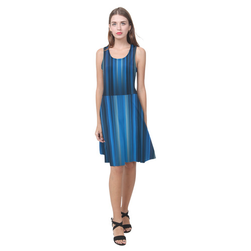 Brillant Blue Black Vertical Stripes Atalanta Casual Sundress(Model D04)