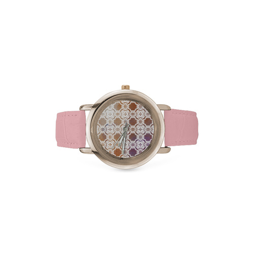 White  and gold watercolor mosaic mandala Women's Rose Gold Leather Strap Watch(Model 201)