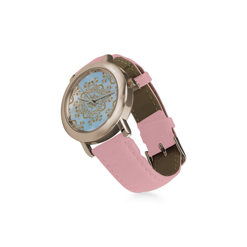 Gold and blue flourish ornament mandala Women's Rose Gold Leather Strap Watch(Model 201)