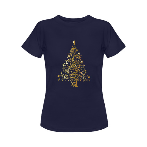 Beautiful Golden Christmas Tree on Blue Women's Classic T-Shirt (Model T17）